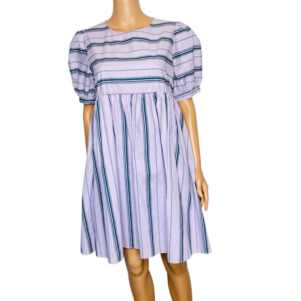English Factory Puff Sleeve Striped Mini Dress size M Lilac Relaxed Babydoll New